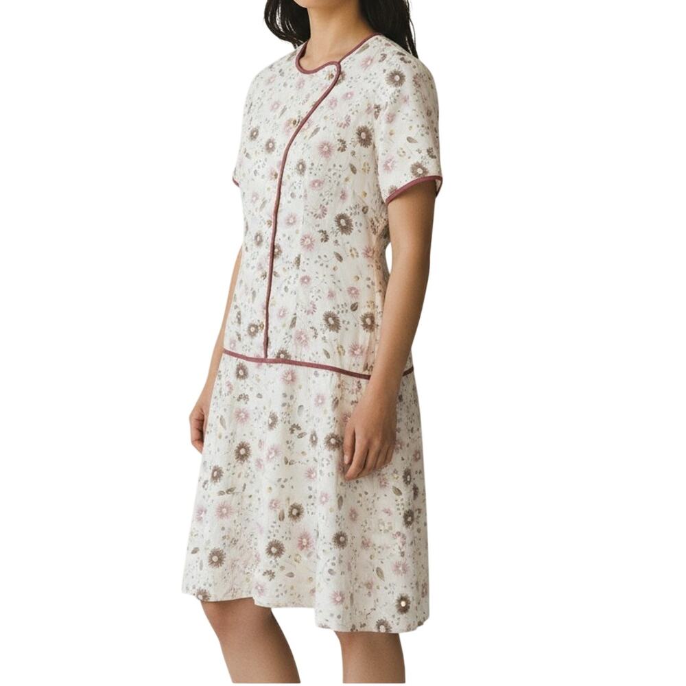 Vintage Silk Ditsy Floral Drop Waist Midi Dress White Piping Trim Sz Medium
